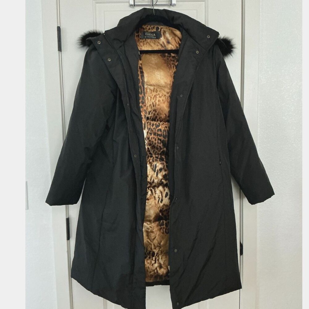 Dana Buchman Women’s Large Black Down Puffer Coat Fur Hood Leopard Lined Long